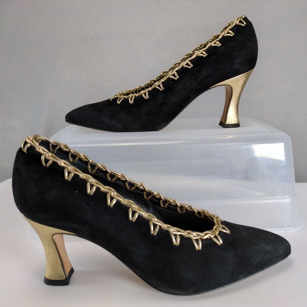 Vintage Bally Chiffon Black Suede Pumps Womens 8 Gold Trim 3